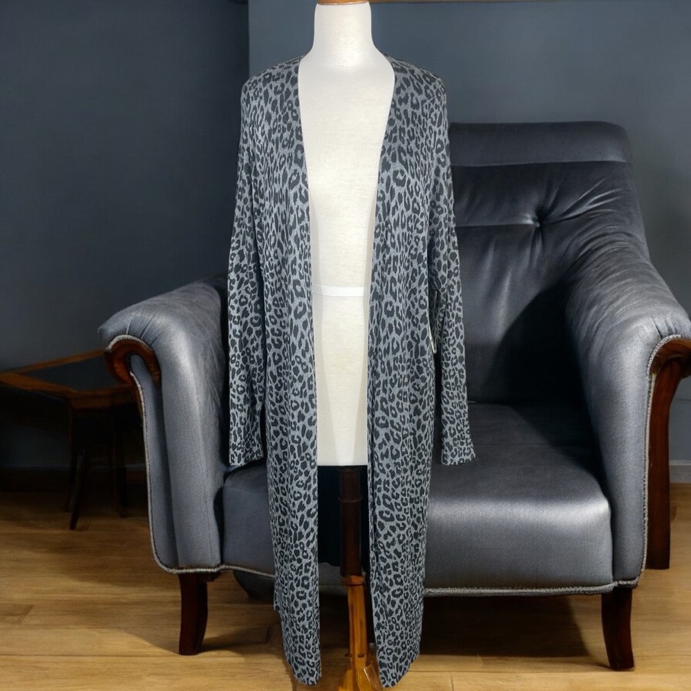 Terra & Sky Plus Leopard Print Open Front Cardigan Long Duster Sweater Size 14W - Picture 2 of 16